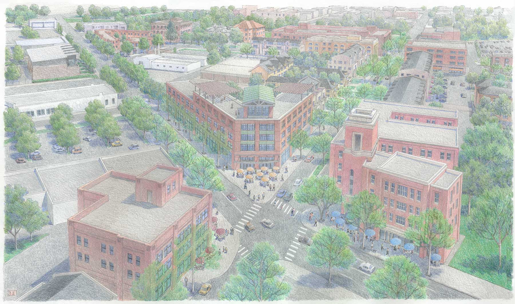 Artist render of Arial shot of the Delta looking West.