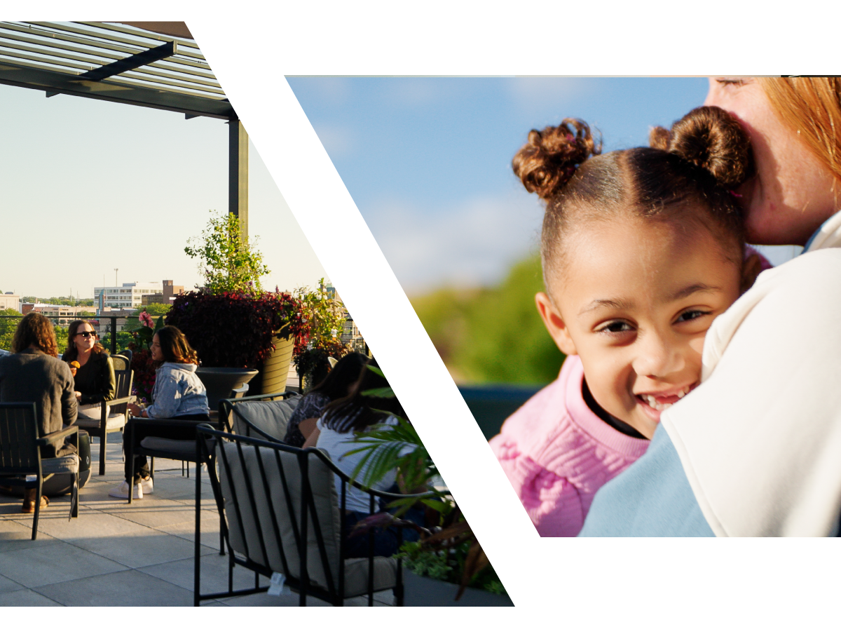 Dual Image. Rooftop community eating and conversing, second image in shows a child looking over mother shoulder smiling.