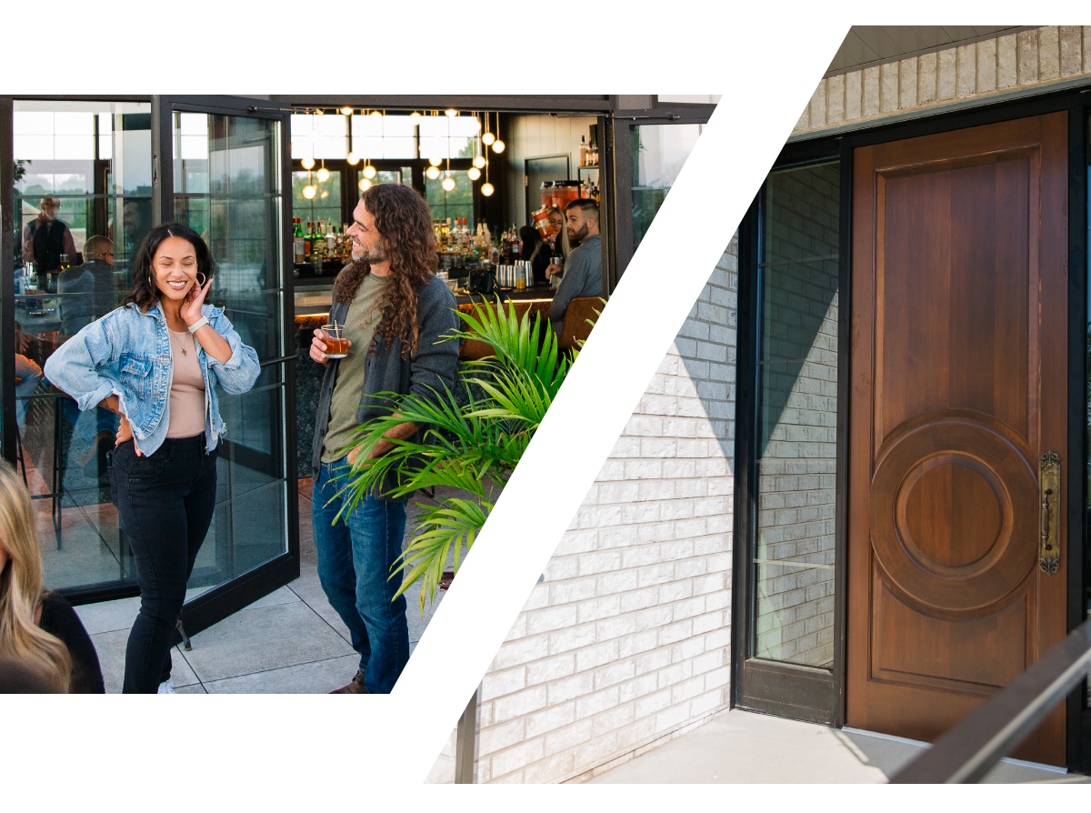 Image of people meeting outside a shop and a building door at The Delta.