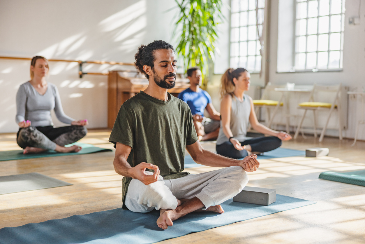A peaceful yoga class focused on meditation