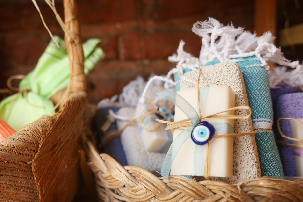 Handmade soap and towels on display in a local shop, stylishly wrapped