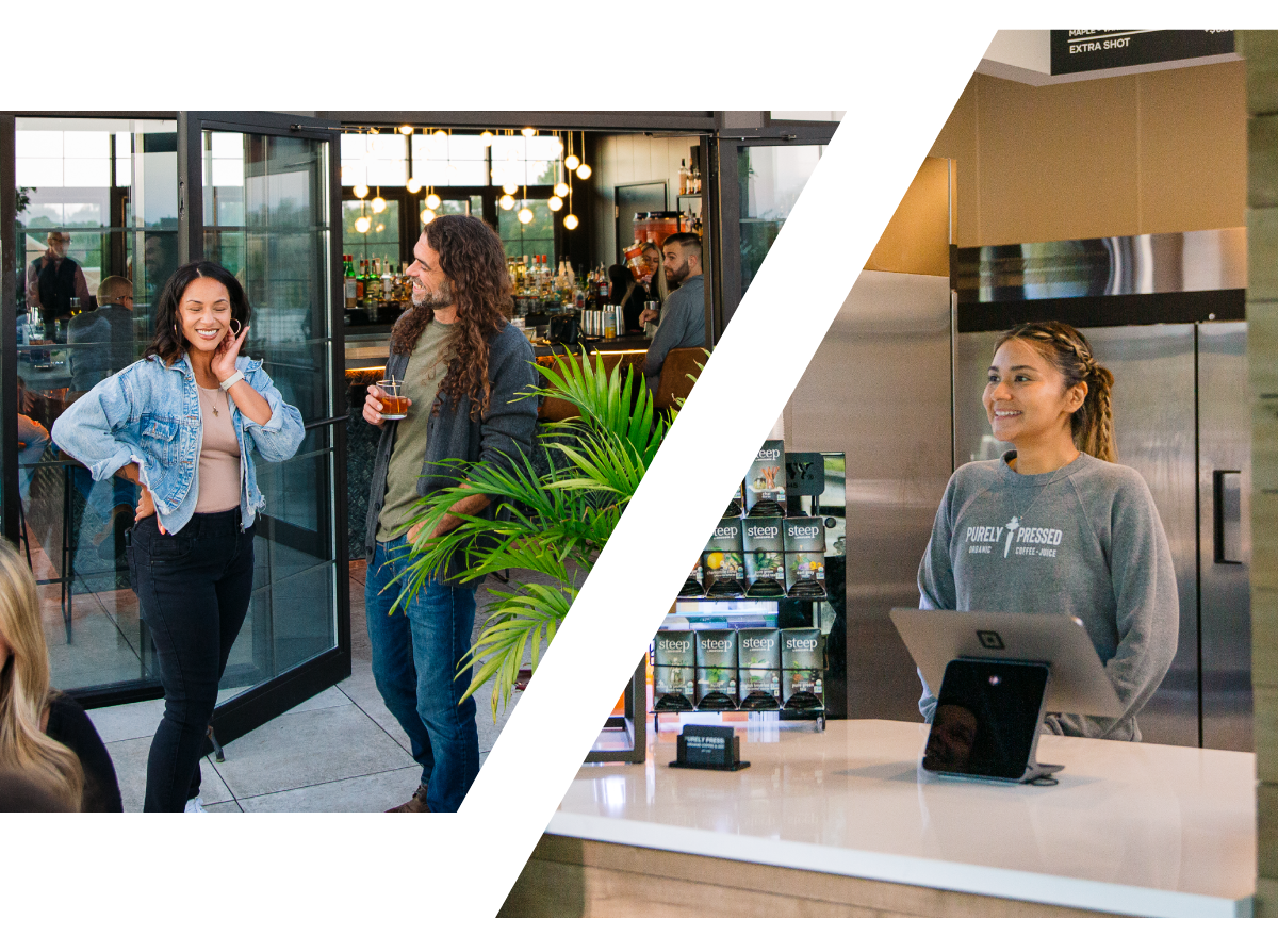 Dual image of two employees taking a break, and a worker at a local store providing check out service.